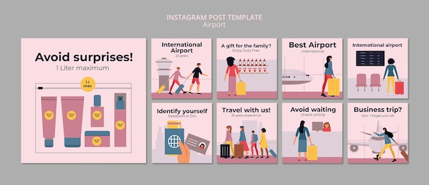 Plantilla de publicaciones de instagram de empresa de aeropuerto de diseño plano
