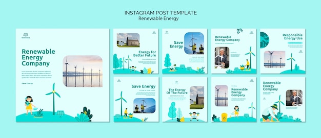 PSD gratuito plantilla de publicaciones de instagram de energía renovable de diseño plano