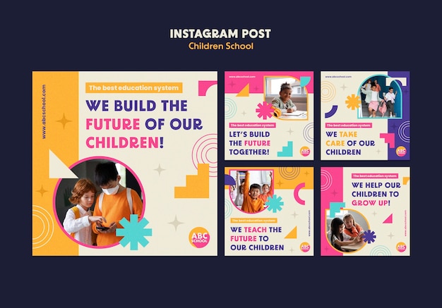 Plantilla de publicaciones de instagram de escuela infantil de diseño plano