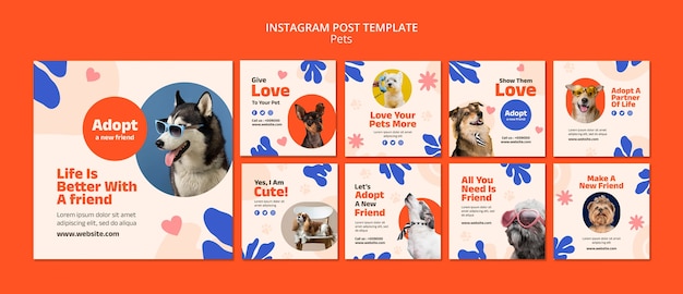 PSD gratuito plantilla de publicaciones de instagram de mascotas lindas de diseño plano