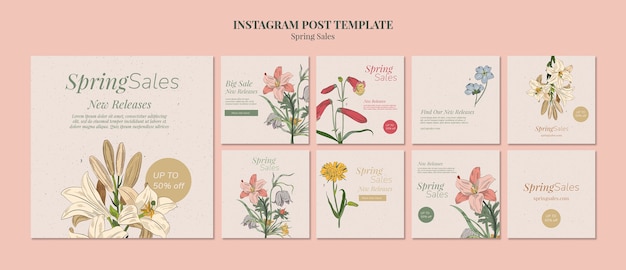 Plantilla de publicaciones de instagram de rebajas de primavera dibujadas a mano
