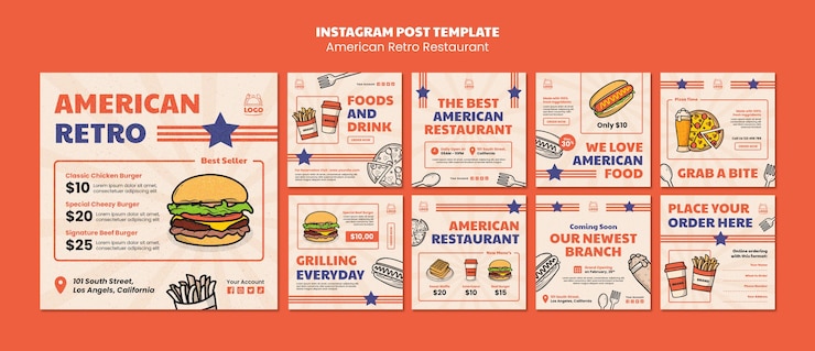 PSD gratuito plantilla de publicaciones de instagram de restaurante retro americano