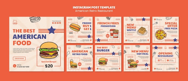 PSD gratuito plantilla de publicaciones de instagram de restaurante retro americano
