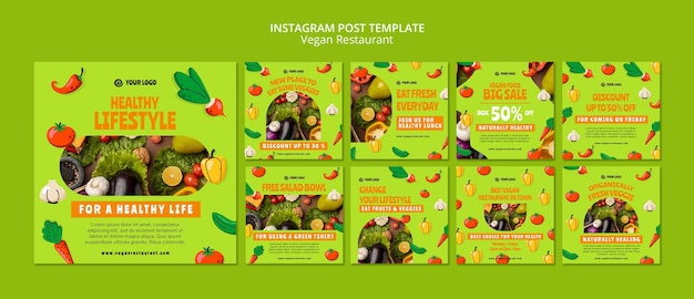 PSD gratuito plantilla de publicaciones de instagram de restaurante vegano