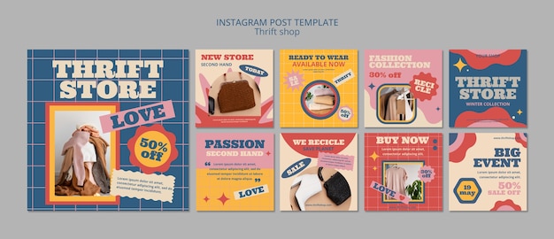 PSD gratuito plantilla de publicaciones de instagram de tienda de segunda mano de diseño plano