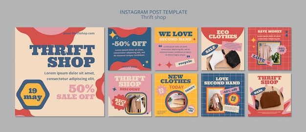 Plantilla de publicaciones de instagram de tienda de segunda mano de diseño plano