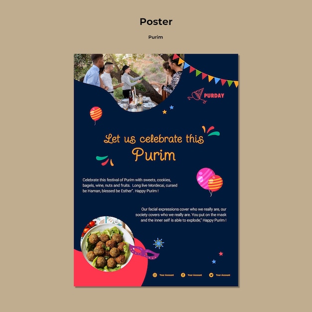 PSD gratuito plantilla de purim de diseño plano