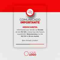 PSD gratuito plantilla de redes sociales de alimentación anuncio importante amigos y clientes fondo blanco con de rojo