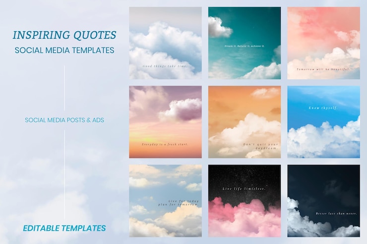 PSD gratuito plantilla de redes sociales editables psd de cielo y nubes con conjunto de citas de motivación / inspiración
