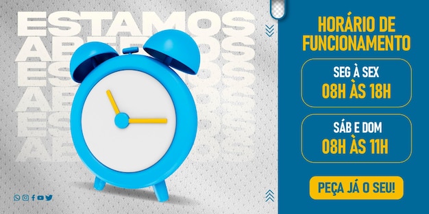 Plantilla de redes sociales estamos abiertos horario de apertura con reloj 3d