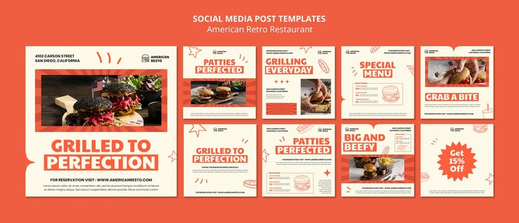 PSD gratuito plantilla de restaurante retro de américa de diseño plano