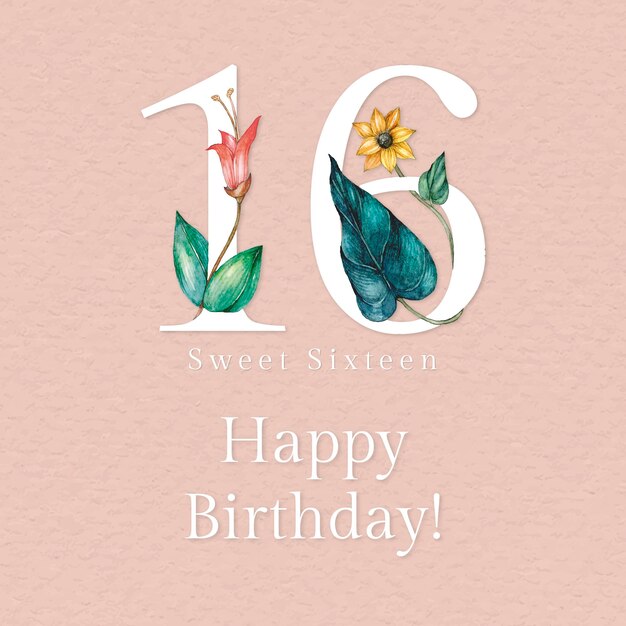 Plantilla de saludo de cumpleaños número 16 psd con ilustración de número floral