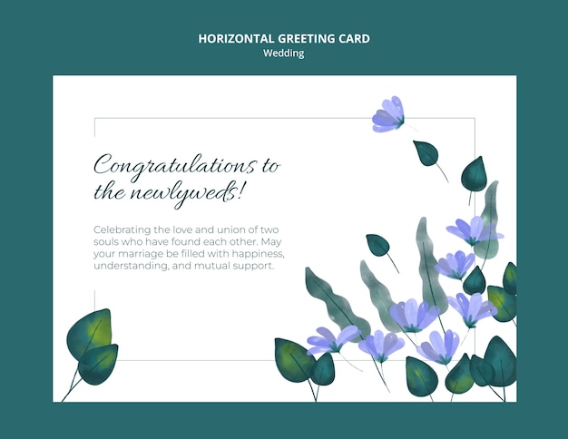 Plantilla de tarjeta de felicitación horizontal de bodas con flores