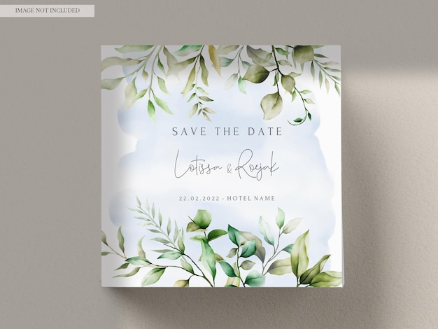 Plantilla de tarjeta de invitación de boda de hojas de acuarela verde elegante