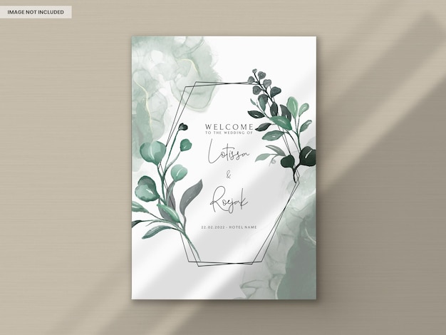 Plantilla de tarjeta de invitación de hojas de acuarela verde elegante