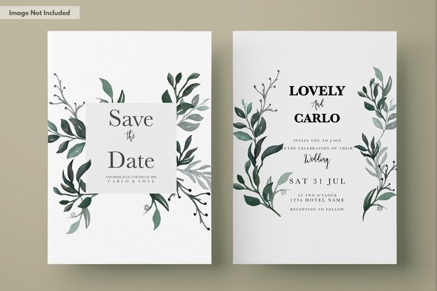 plantilla de tarjeta de invitación de hojas de acuarela verde elegante