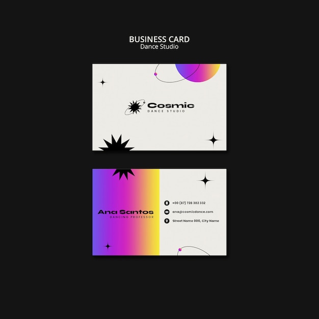 Plantilla de tarjeta de visita horizontal de lecciones de baile con diseño degradado y estrellas