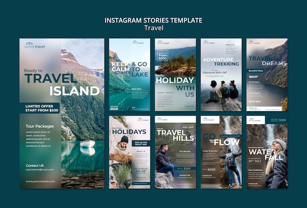 PSD gratuito plantilla de viaje de diseño plano de historias de instagram