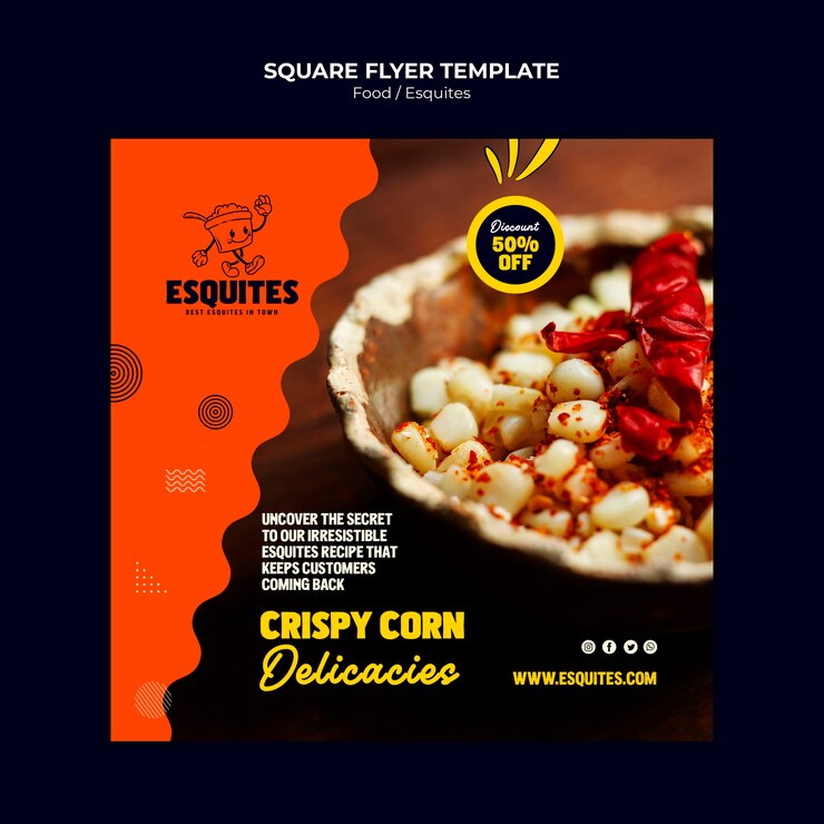 PSD gratuito plantilla de volante cuadrado de comida deliciosa de diseño plano