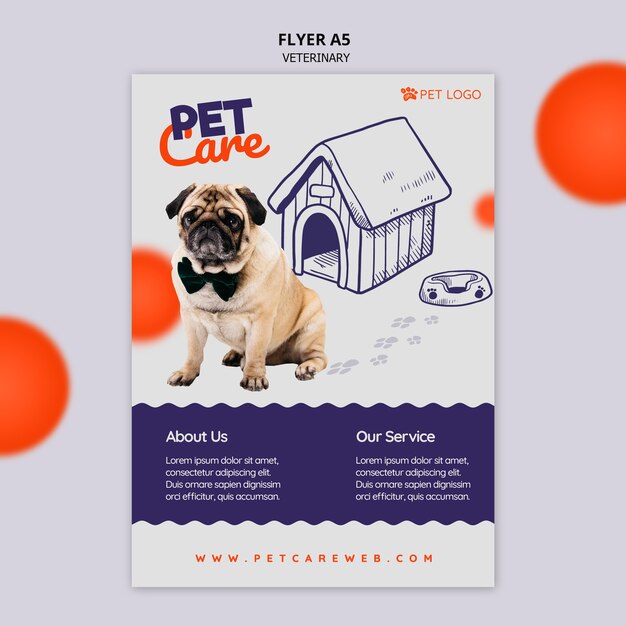 Plantilla de volante para el cuidado de mascotas con perro con pajarita