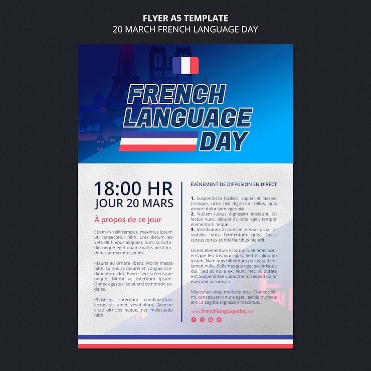 PSD gratuito plantilla de volante del día de la lengua francesa
