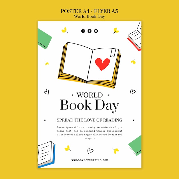 Plantilla de volante del día mundial del libro de diseño plano