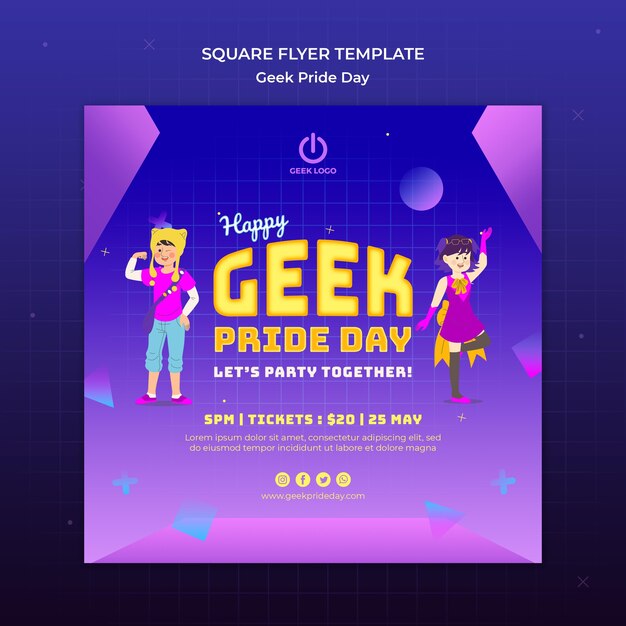 Plantilla de volante del día del orgullo geek con gente bailando