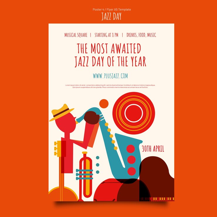 PSD gratuito plantilla de volante de póster del día del jazz plano
