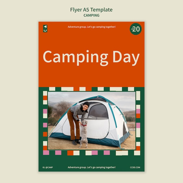 PSD gratuito plantilla de volante vertical de camping con diseño de formas geométricas