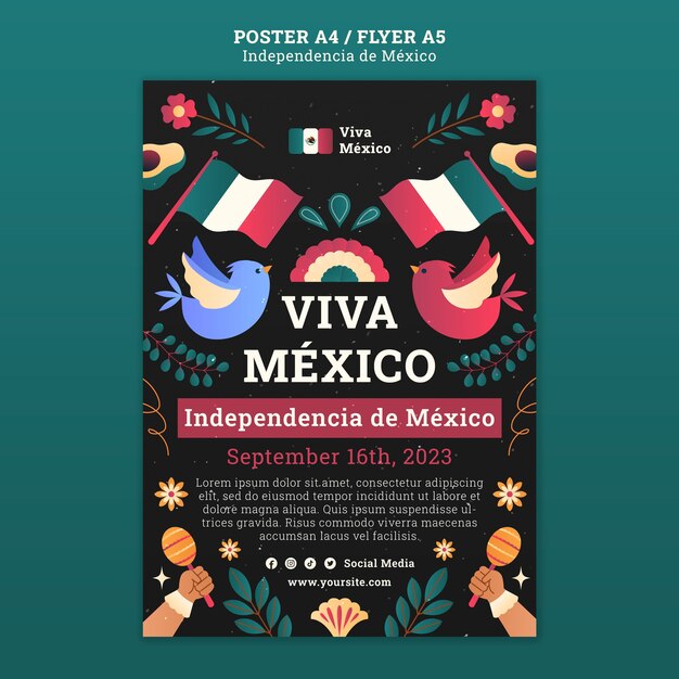 Plantilla de volante vertical para la celebración del día de la independencia de méxico