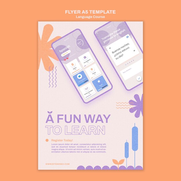 Plantilla de volante vertical de clases de idiomas extranjeros en estilo floral