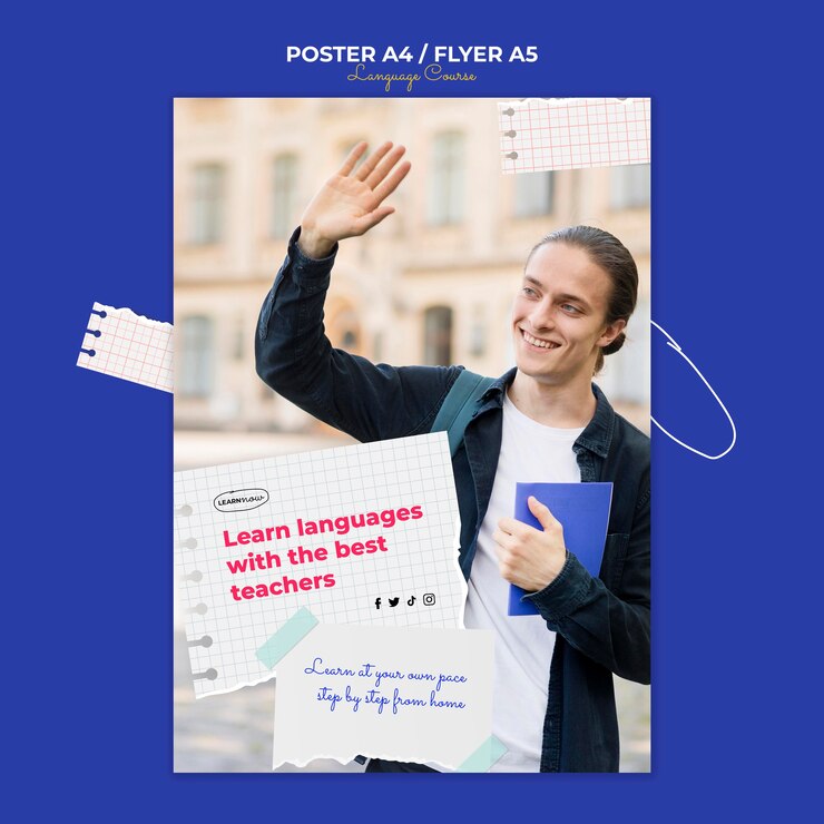 PSD gratuito plantilla de volante vertical de clases de idiomas con páginas de cuaderno