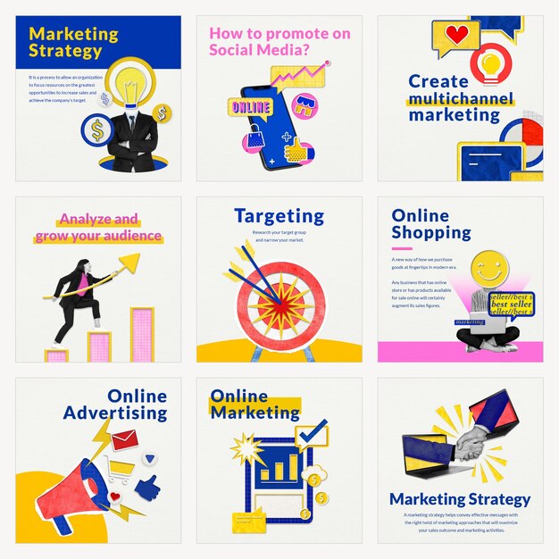 Plantillas de marketing en redes sociales psd para negocios de comercio electrónico medios remezclados compatibles con AI set