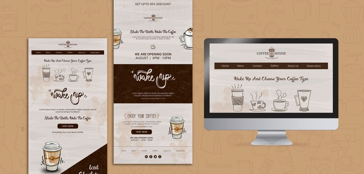 PSD gratuito plantillas web de cafetería con elementos dibujados a mano