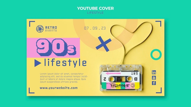 Plat ontwerp youtube-voorbladsjabloon uit de jaren 90