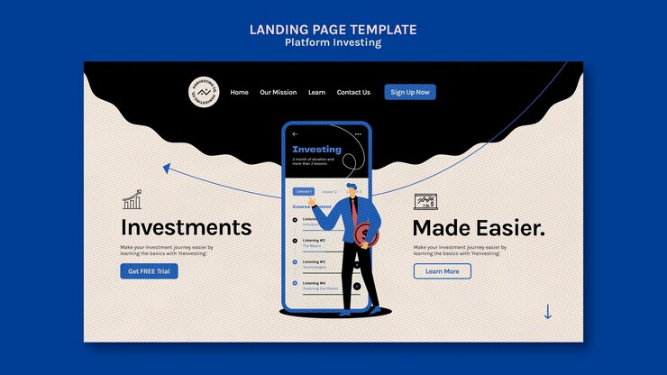 PSD Gratis platform investing landing page template,