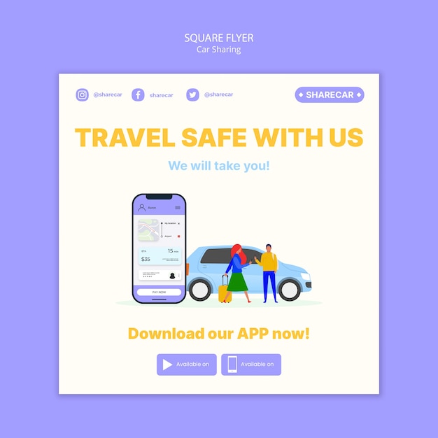Platte ontwerp car sharing vierkante flyer-sjabloon