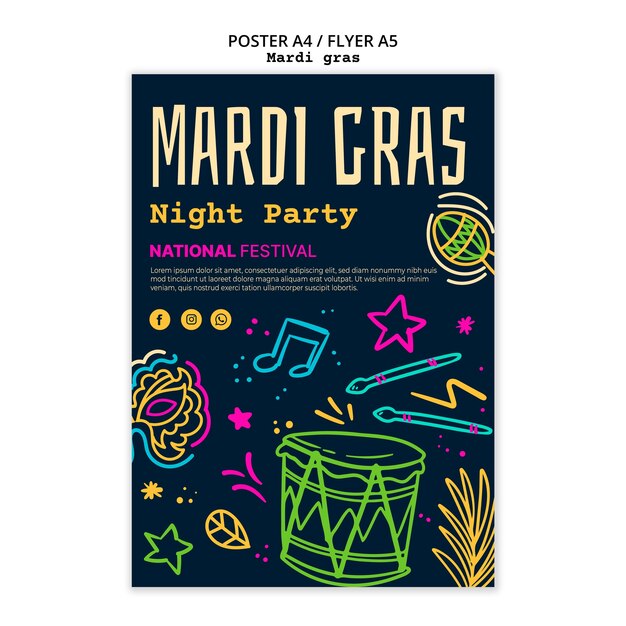 Platte ontwerp mardi gras poster sjabloon