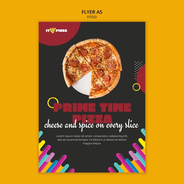Platte ontwerp smakelijke pizza a5 flyer-sjabloon