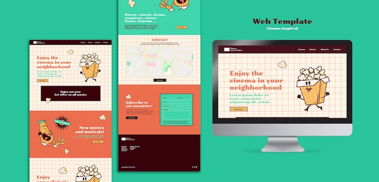 Gratis PSD platte ontwerp webkaart bioscoop geïnspireerde sjabloon
