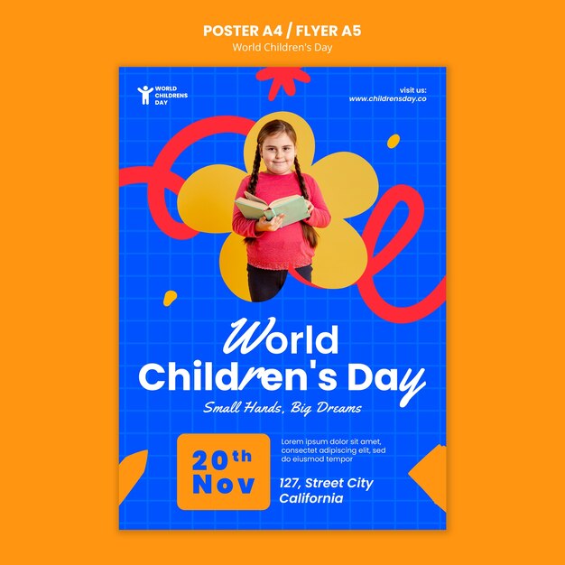 Gratis PSD platte ontwerp wereld kinderdag poster sjabloon
