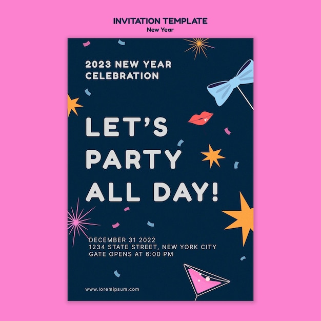 Gratis PSD platte ontwerpsjabloon voor de uitnodiging van het nieuwjaarsfeest