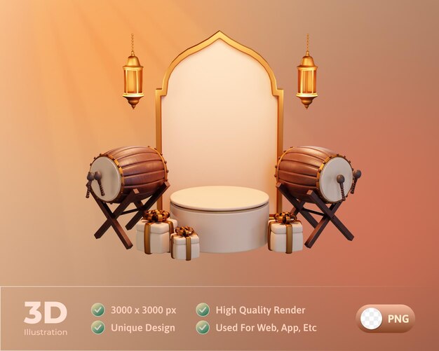 Podio islámico de Ramadán con Bedug, tambor Ilustración 3d