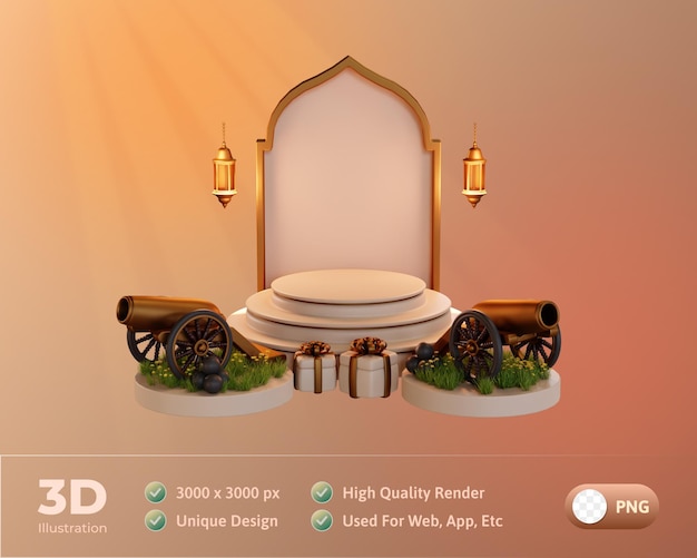 Podio islámico de Ramadán con cañón y caja de regalo Ilustración 3d