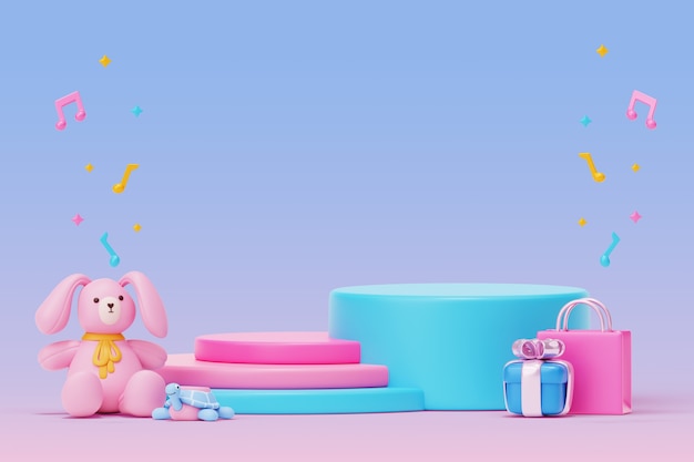 PSD gratuito podio de revelación de género azul y rosa en 3d con juguetes