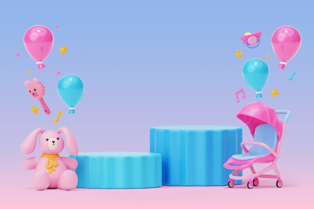 Podio de revelación de género azul y rosa en 3D con juguetes