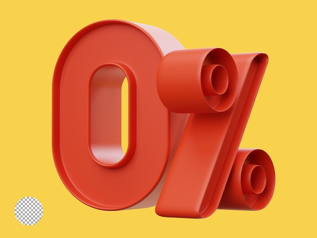 Porcentaje cero metálico brillante rojo o 0 para oferta especial de descuento de tienda de compras y concepto de tasa de interés bancaria por renderizado 3d realista