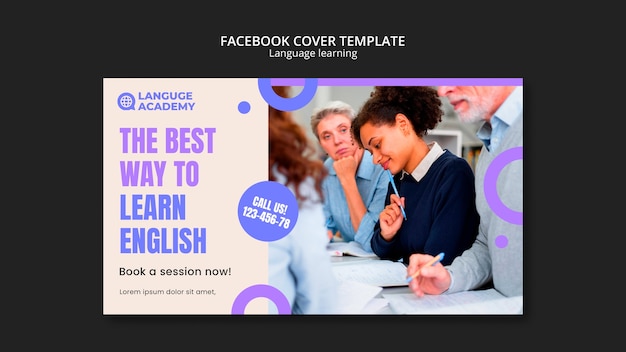 PSD gratuito portada de facebook de aprendizaje de idiomas de diseño plano