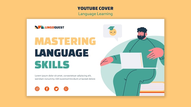 PSD gratuito portada de youtube de aprendizaje de idiomas dibujada a mano