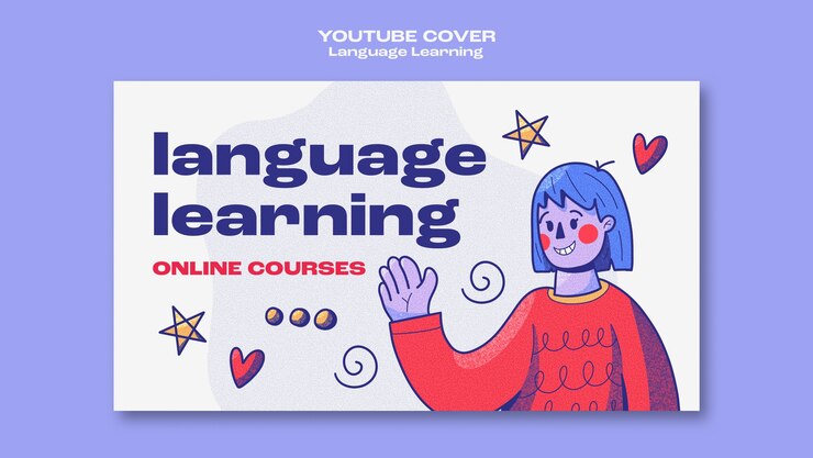 PSD gratuito portada de youtube de aprendizaje de idiomas dibujada a mano